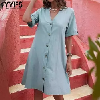 YYFS женские модные летние весенние однотонные повседневные платья с короткими рукавами и v-образным вырезом и высокой талией S чёрный