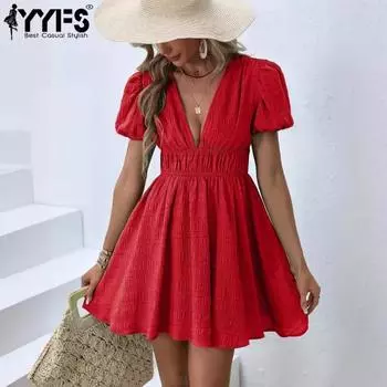 YYFS женские модные летние весенние однотонные повседневные платья с короткими рукавами и v-образным вырезом с принтом