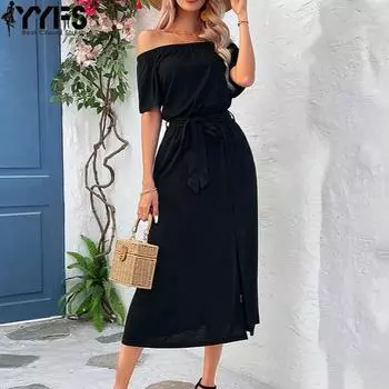 YYFS женские модные летние весенние однотонные повседневные платья с коротким рукавом и средней талией с коротким рукавом S чёрный