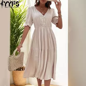 YYFS женские модные летние весенние однотонные повседневные платья с короткими рукавами и v-образным вырезом и высокой талией S абрикосовый