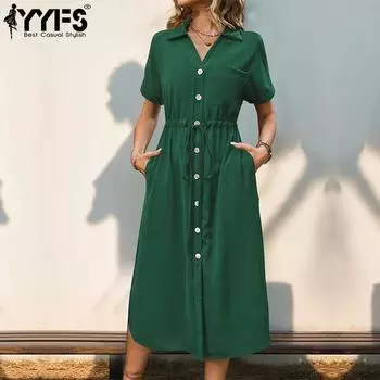 YYFS женские модные летние весенние однотонные повседневные платья с короткими рукавами и принтом поло со средней талией S чёрный