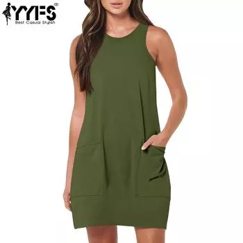 YYFS женские модные летние весенние однотонные повседневные платья без рукавов с круглым вырезом и принтом S чёрный