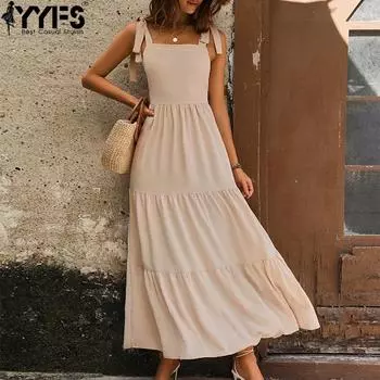 YYFS женские модные летние весенние однотонные повседневные платья без рукавов с квадратным воротником и средней талией S абрикосовый