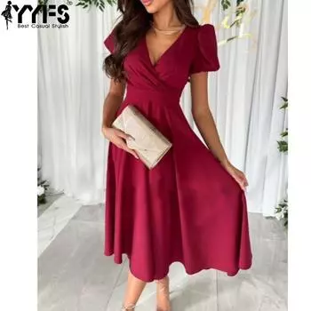 YYFS женские модные летние весенние однотонные повседневные платья с короткими рукавами и v-образным вырезом и высокой талией S бордовый