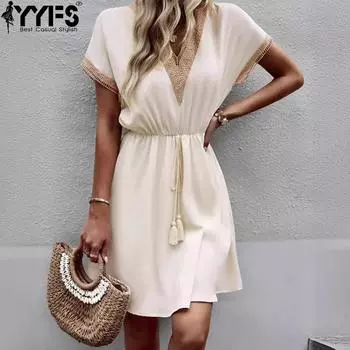 YYFS женские модные летние весенние однотонные повседневные платья с короткими рукавами и v-образным вырезом и высокой талией S белый