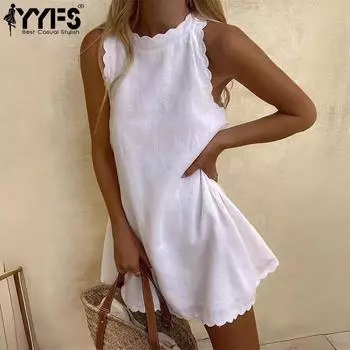 YYFS женские модные летние весенние однотонные повседневные платья без рукавов с круглым вырезом и принтом L белый