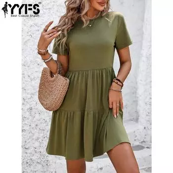 YYFS женские модные летние весенние однотонные повседневные платья с коротким рукавом и круглым вырезом с высокой талией и принтом S армия зеленый