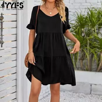 YYFS женские модные летние весенние однотонные повседневные платья с коротким рукавом и v-образным вырезом, свободные талии S чёрный