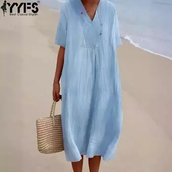 YYFS женские модные летние весенние однотонные повседневные платья с коротким рукавом и v-образным вырезом, свободные талии S синий
