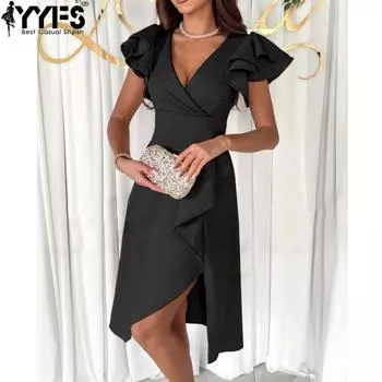 YYFS женские модные летние весенние однотонные повседневные платья с короткими рукавами и v-образным вырезом и высокой талией S чёрный