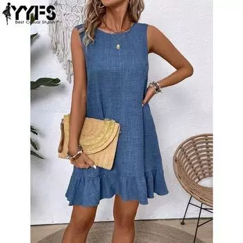 YYFS женские модные летние весенние однотонные повседневные платья без рукавов с круглым вырезом и высокой талией S джинсовый синий