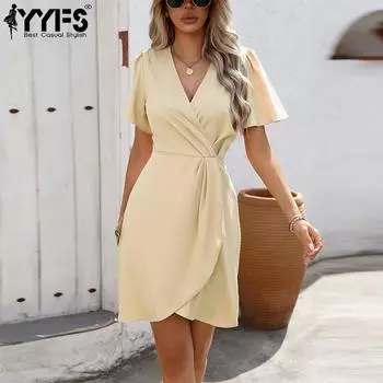 YYFS женские модные летние весенние однотонные повседневные платья с короткими рукавами и v-образным вырезом и высокой талией S абрикосовый