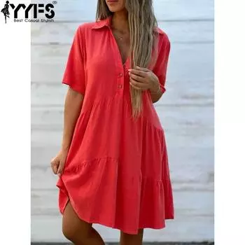 YYFS женские модные летние весенние однотонные повседневные платья с короткими рукавами и принтом поло со средней талией S красный