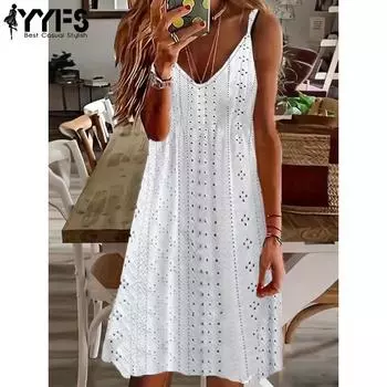 YYFS женские модные летние весенние однотонные повседневные платья без рукавов с v-образным вырезом и высокой талией S белый