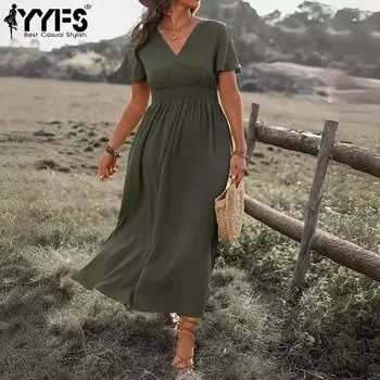 YYFS женские модные летние весенние однотонные повседневные платья с короткими рукавами и v-образным вырезом и высокой талией S зелёный