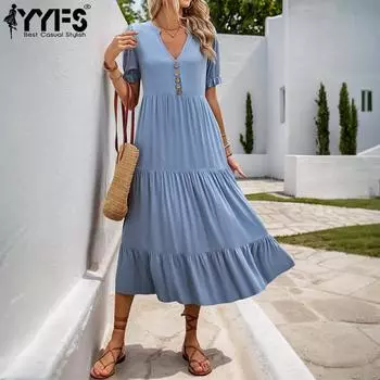 YYFS женские модные летние весенние однотонные повседневные платья с короткими рукавами и v-образным вырезом и высокой талией S синий