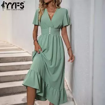 YYFS женские модные летние весенние однотонные повседневные платья с короткими рукавами и v-образным вырезом и высокой талией S зелёный
