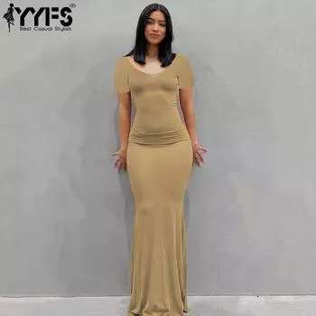 YYFS женские модные летние весенние однотонные повседневные платья с короткими рукавами и v-образным вырезом и высокой талией XS