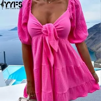 YYFS женские модные летние весенние однотонные повседневные платья с короткими рукавами и v-образным вырезом и высокой талией S розы красного