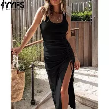 YYFS женские модные летние весенние однотонные повседневные платья без рукавов с v-образным вырезом и высокой талией S чёрный