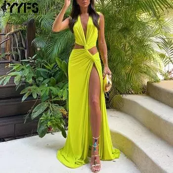 YYFS женские модные летние весенние однотонные повседневные платья без рукавов с v-образным вырезом и высокой талией S зелёный