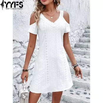 YYFS женские модные летние весенние однотонные повседневные платья с короткими рукавами и v-образным вырезом и высокой талией S белый