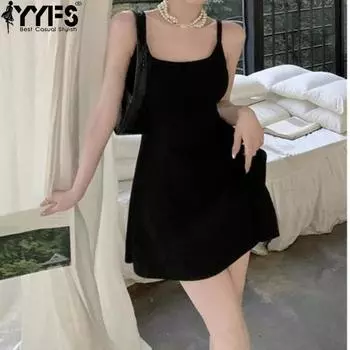 YYFS женские модные летние весенние однотонные повседневные платья без рукавов с высокой талией и принтом S чёрный
