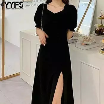 YYFS женские модные летние весенние однотонные повседневные платья с короткими рукавами и v-образным вырезом и высокой талией S (85-50kg) чёрный