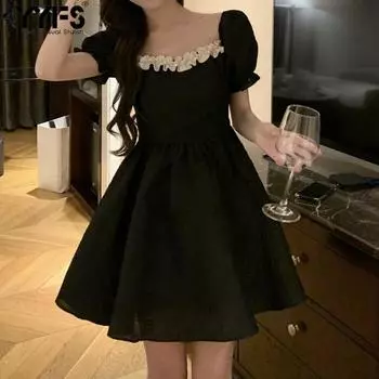 YYFS женские модные летние весенние однотонные повседневные платья с коротким рукавом и квадратным воротником с высокой талией S чёрный