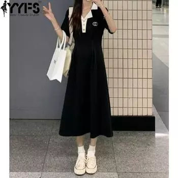 YYFS женские модные летние весенние однотонные повседневные платья с короткими рукавами и воротником-поло с высокой талией и принтом M чёрный