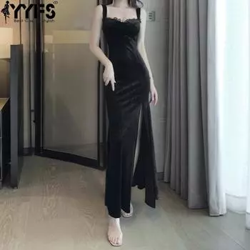 YYFS женские модные летние весенние однотонные повседневные платья без рукавов с подтяжками и высокой талией S чёрный