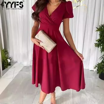 YYFS женские модные летние весенние однотонные повседневные платья с короткими рукавами и v-образным вырезом и высокой талией S красный