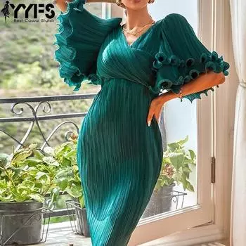 YYFS женские модные летние весенние однотонные повседневные платья с рукавами 1/2 и v-образным вырезом и высокой талией S зелёный