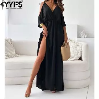 YYFS женские модные летние весенние однотонные повседневные платья с короткими рукавами и v-образным вырезом и высокой талией S чёрный