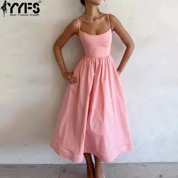 YYFS женские модные летние весенние однотонные повседневные платья без рукавов с высокой талией и принтом S розовый