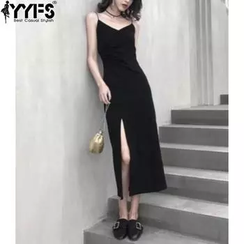 YYFS женские модные летние весенние однотонные повседневные платья без рукавов с v-образным вырезом и высокой талией S чёрный