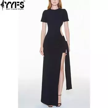 YYFS женские модные летние весенние однотонные повседневные платья с коротким рукавом и круглым вырезом с высокой талией и принтом S чёрный