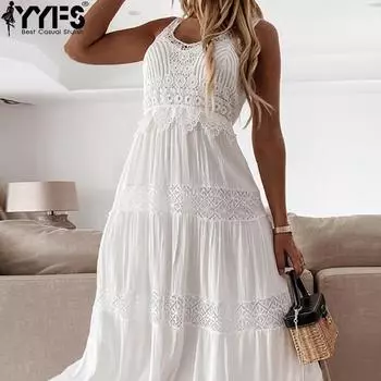 YYFS женские модные летние весенние однотонные повседневные платья без рукавов с v-образным вырезом и высокой талией M белый