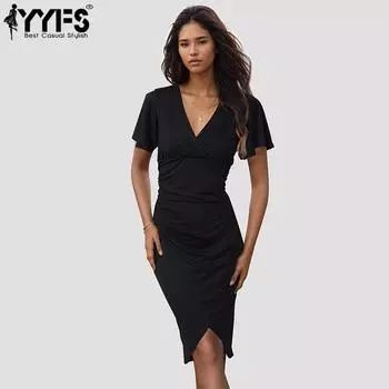 YYFS женские модные летние весенние однотонные повседневные платья с коротким рукавом и v-образным вырезом со средней талией S чёрный