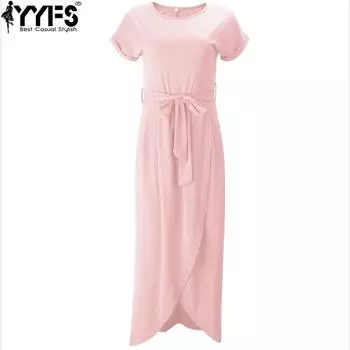 YYFS женские модные летние весенние однотонные повседневные платья с коротким рукавом и круглым вырезом с высокой талией и принтом S розовый
