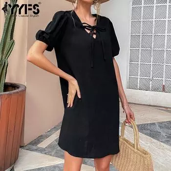 YYFS женские модные летние весенние однотонные повседневные платья с короткими рукавами и v-образным вырезом и высокой талией S чёрный