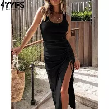 YYFS женские модные летние весенние однотонные повседневные платья без рукавов с v-образным вырезом и высокой талией S