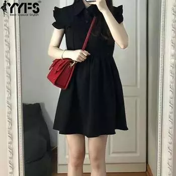 YYFS женские модные летние весенние однотонные повседневные платья с короткими рукавами и принтом поло со средней талией S чёрный