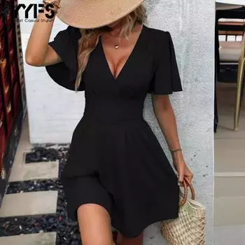 YYFS женские модные летние весенние однотонные повседневные платья с короткими рукавами и v-образным вырезом и высокой талией S чёрный