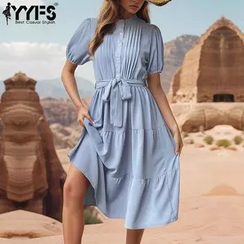 YYFS женские модные летние весенние однотонные повседневные платья с короткими рукавами и воротником-стойкой с принтом S синий
