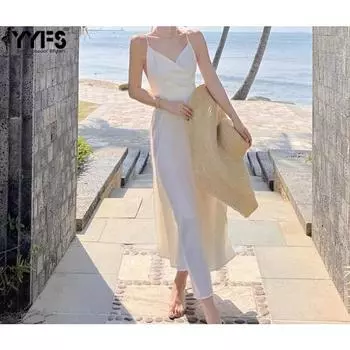 YYFS женские модные летние весенние однотонные повседневные платья без рукавов с v-образным вырезом и высокой талией S белый