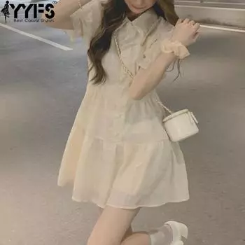 YYFS женские модные летние весенние однотонные повседневные платья с короткими рукавами и воротником-поло с высокой талией и принтом S абрикосовый