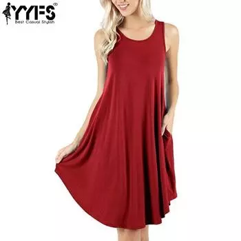 YYFS Женские модные летние весенние однотонные повседневные платья без рукавов с U-образным вырезом и свободной талией S красный