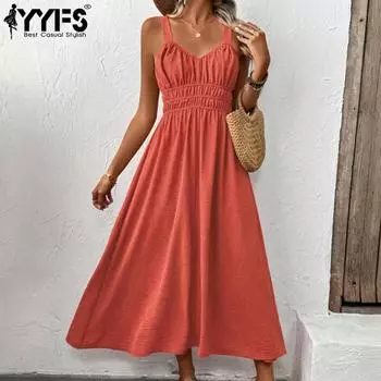 YYFS женские модные летние весенние однотонные повседневные платья без рукавов с v-образным вырезом и высокой талией S красное дерево