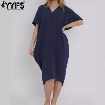 YYFS женские модные летние весенние однотонные повседневные платья с коротким рукавом и v-образным вырезом, свободные талии S чёрный